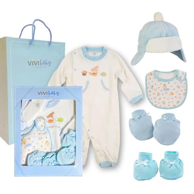 【VIVIBABY】新生兒禮盒 彌月禮盒 送禮自用 嬰兒禮盒(服飾 萬用夾 蓋毯 手搖圈 置物袋 睡袍 肚圍 防滑墊)