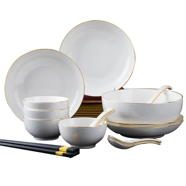 【巨尚】輕奢高檔帶金邊餐具組合 4人食18件碗盤組合(飯碗 菜盤 筷子 入厝喬遷餐具組帶禮盒)
