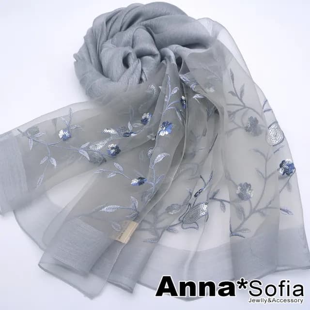 【AnnaSofia】真絲羊毛混紡大尺寸披肩絲巾圍巾-沁梅曲葉 現貨(灰系)