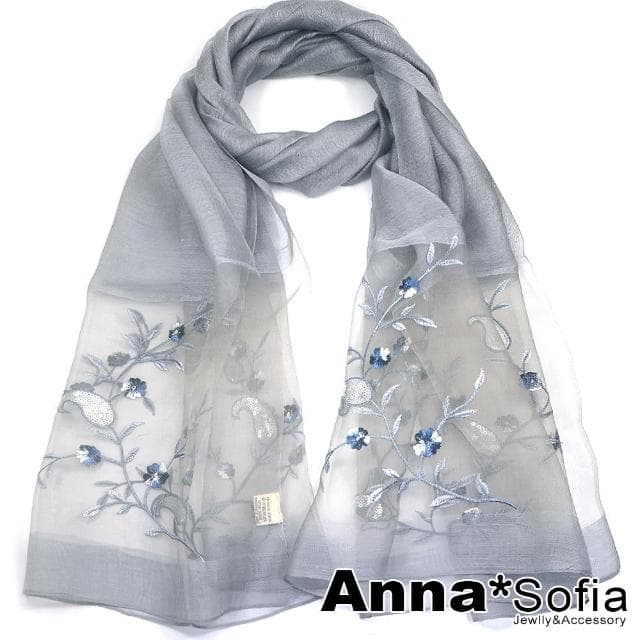 【AnnaSofia】真絲羊毛混紡大尺寸披肩絲巾圍巾-沁梅曲葉 現貨(灰系)
