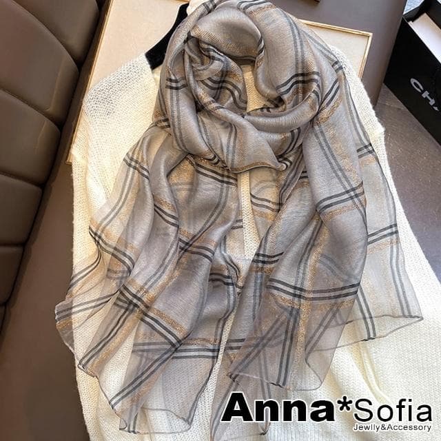 【AnnaSofia】真絲羊毛混紡大尺寸披肩絲巾圍巾-金絲線格紋 現貨(淺灰系)