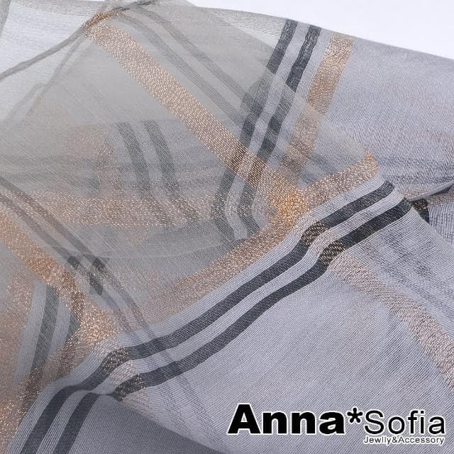 【AnnaSofia】真絲羊毛混紡大尺寸披肩絲巾圍巾-金絲線格紋 現貨(淺灰系)
