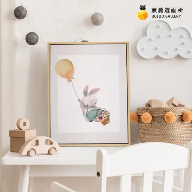 【菠蘿選畫所】小兔飛高高 - 30x40cm(手繪可愛療癒兔子掛畫/兒童房佈置/新居禮物/臥室擺設)