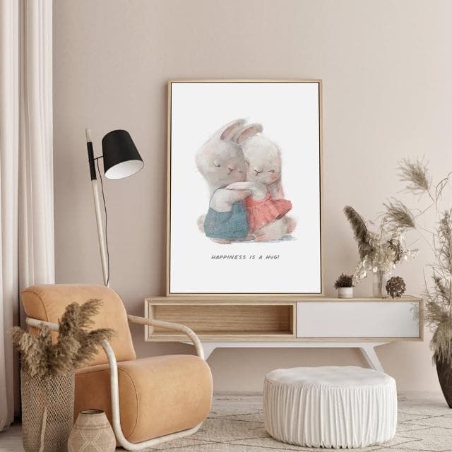 【菠蘿選畫所】HAPPINESS IS A HUG! - 30x40cm(手繪情侶兔子掛畫/交換禮物/居家佈置/療癒掛畫)