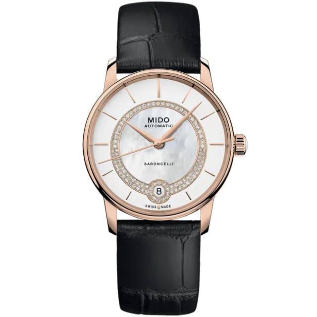 【MIDO 美度】官方授權 BARONCELLI 永恆真鑽機械女錶-33mm 手錶 禮物 推薦(M0378073603100)