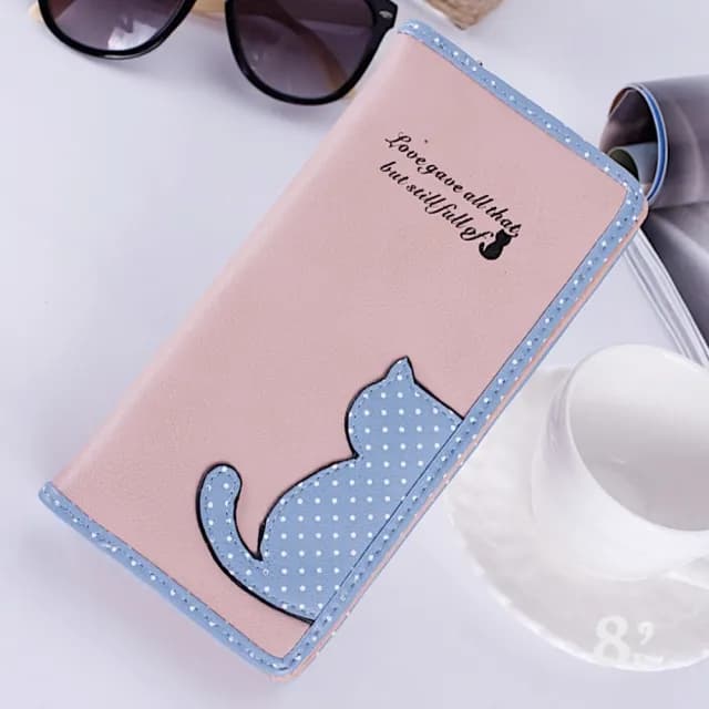 【89 zone】雙11 韓版時尚可愛撞色貓咪波點 長款錢包 手拿包 零錢包 錢夾 皮夾 長夾(藍/粉/黑)