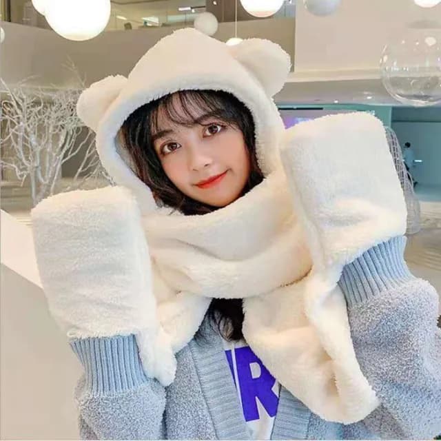 【Emi 艾迷】小熊帽子圍巾護手 三合一 可愛毛絨絨雙層保暖連帽(冬天 生日禮物 春節)