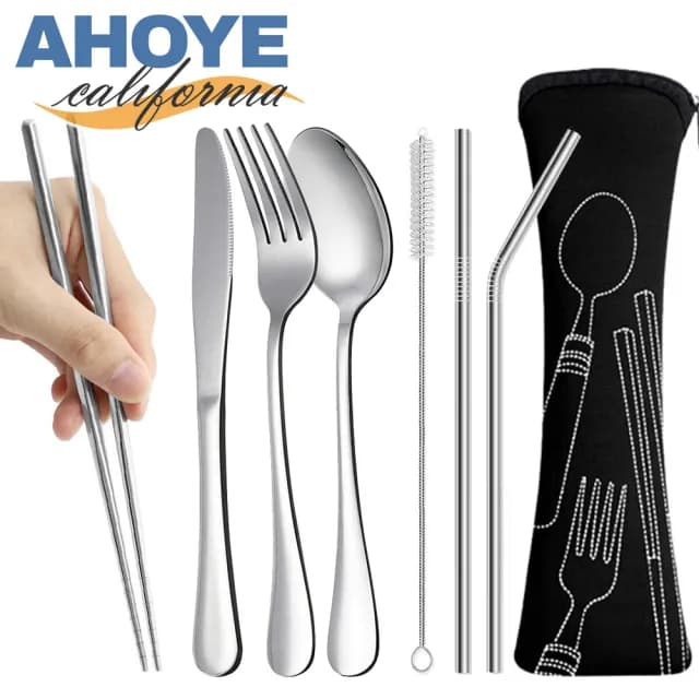 【AHOYE】外出用不鏽鋼餐具套裝 8件套裝(筷子 叉子 湯匙 吸管 刀子)