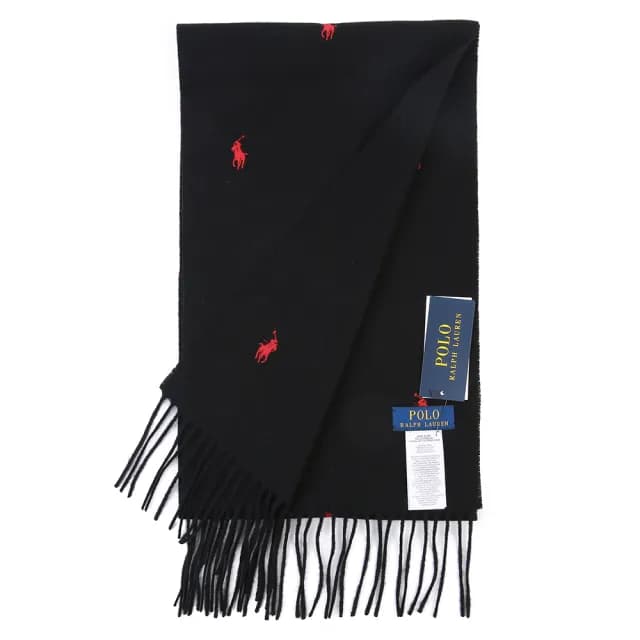【RALPH LAUREN】POLO經典刺繡小馬滿版羊毛流蘇圍巾(黑色/紅色)