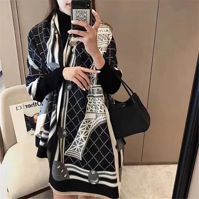 【HaNA 梨花】暖冬將至．黑白艾菲爾鐵塔仿羊絨圍巾(圍脖 圍巾 披肩)