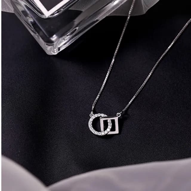 【Umi】韓式東大門圓圈方形扣微鑲鑽造型簡約奢華時尚優雅百搭銀項鍊(韓劇精緻情人節禮物)