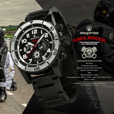 【elegantsis 愛樂時】Cafe Racer 新咖啡騎士三眼計時手錶-黑 禮物 送禮 推薦(ELJR23QS-TONUP-VB01MA)
