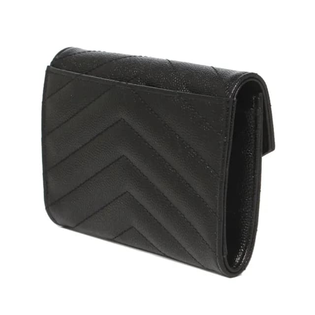 【YSL】金字LOGO V字縫線 黑色 小牛皮 扣式短夾 皮夾 零錢包(414404BOW011000)