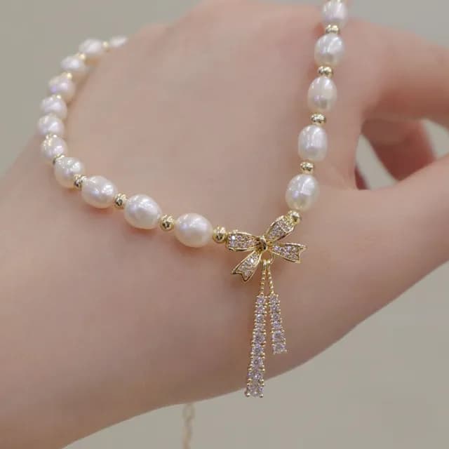 【SUMMER一夏】韓國設計新款輕奢蝴蝶結珍珠時尚優雅鎖骨鍊項鍊(法式巴洛克風)