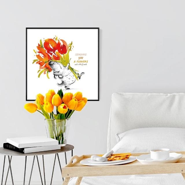 【菠蘿選畫所】一束花一抹微笑-60x60cm(鮮花可愛小狗插畫/情人節禮物/週年紀念禮物/邊櫃擺設)