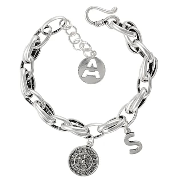 【Umi】日式時尚百搭鎖鏈英文字母時鐘創意設計造型銀手鍊手環手鐲(S字母A字母 附延長鍊長短可調)