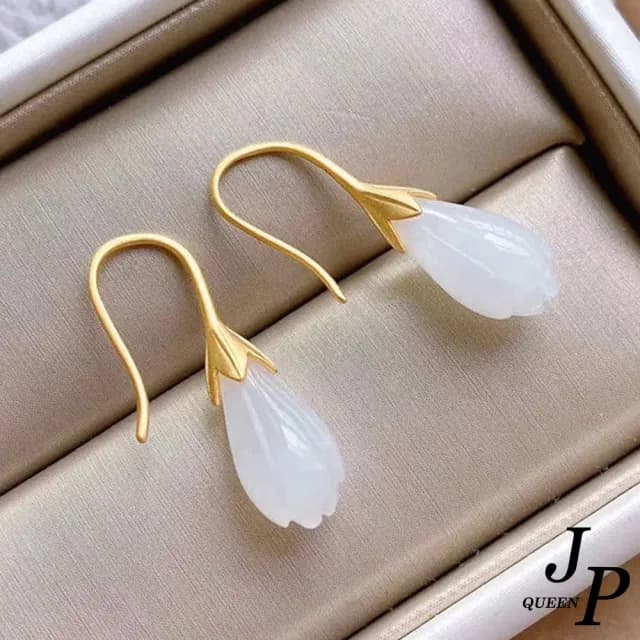 【Jpqueen】純真玉蘭白玉簡約和田玉垂墜耳環(白色)