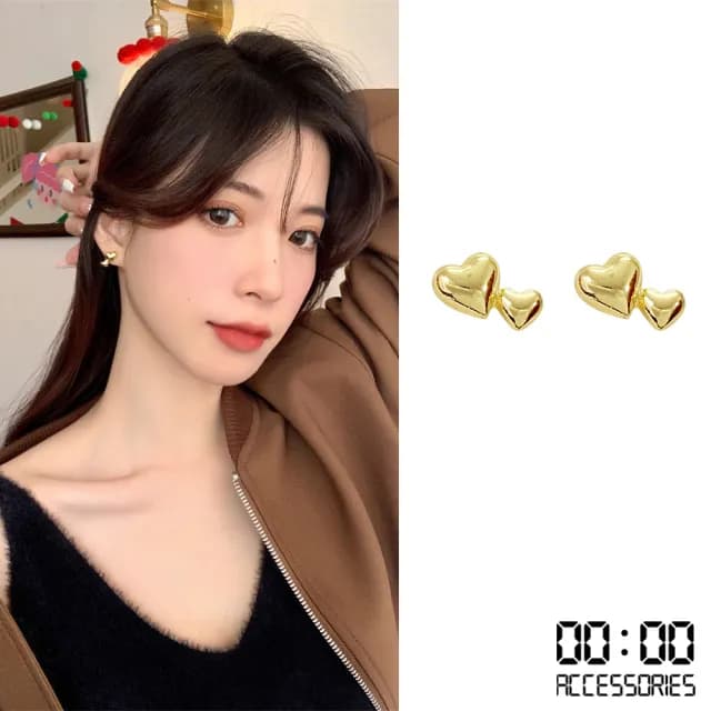 【00:00】韓國設計S925銀針小巧雙愛心造型耳環(S925銀針耳環 小巧耳環 雙愛心耳環)