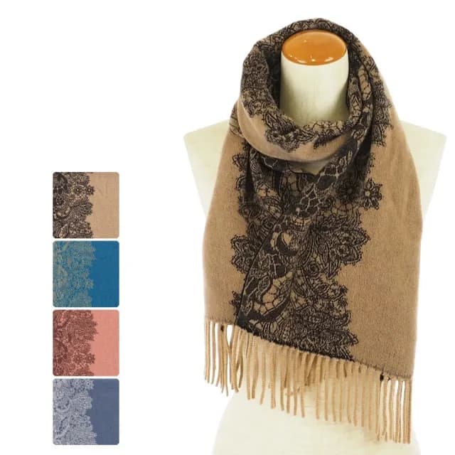 【日本SOLEIL】日本製花葉藤蔓浪漫蕾絲頂級設計柔軟羊毛觸感保暖圍巾披肩脖圍披巾(米色)