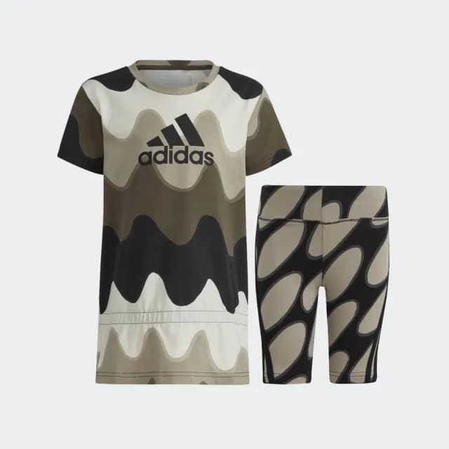 【adidas 愛迪達】MARIMEKKO 運動套裝 短袖/緊身褲 童裝 IC3666