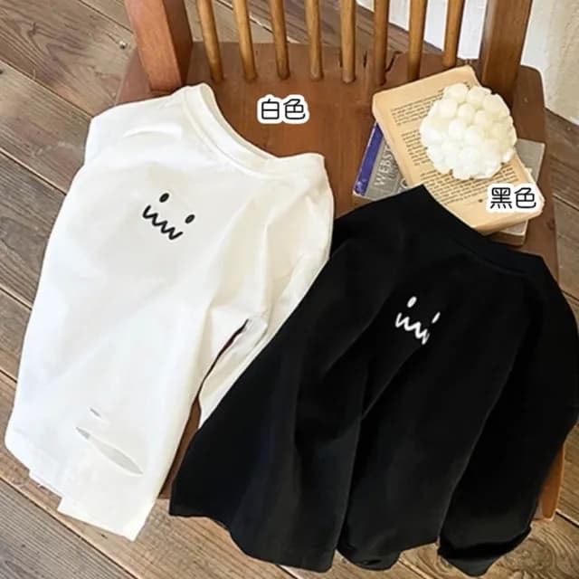 【橘魔法】特殊表情下擺刷破薄長袖上衣 (薄長袖 中性款 男童 女童 童裝 T恤 白T)