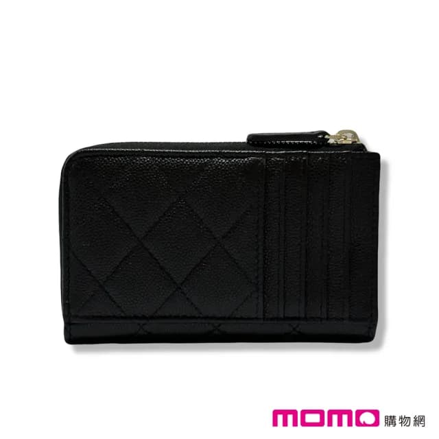 【CHANEL 香奈兒】經典款 雙C L型拉鍊錢包/卡包(黑色 x 荔枝紋牛皮 x 淡金釦)