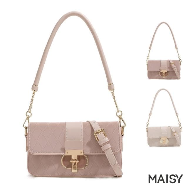 【MAISY】母親節禮物 法式高雅菱格女士手提包(現+預  米色／粉色)