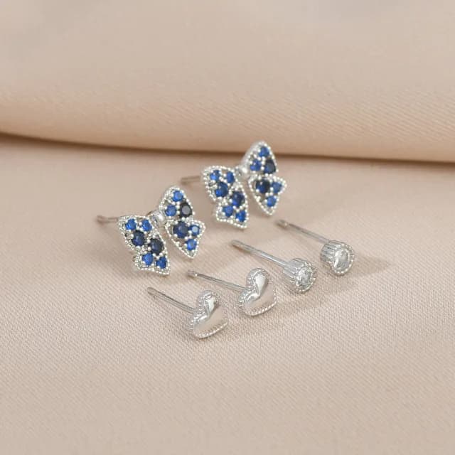 【Umi】1卡3對925純銀針韓式東大門藍色蝴蝶浪漫愛心奢華時尚優雅百搭銀耳環64208(微鑲鑽韓劇純色耳釘針扣)