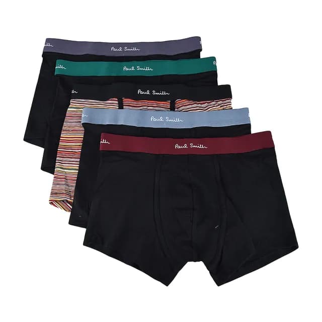 【Paul Smith】PAUL SMITH草寫LOGO多色腰帶組合棉質低腰四角內褲五件裝(男款/黑x多色)