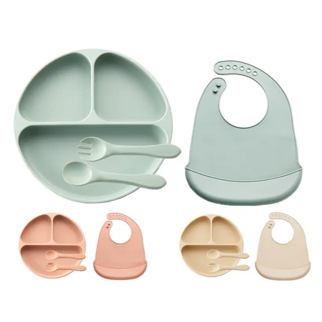 【Nil】雙11 兒童一體式吸盤餐具套裝 食品級寶寶矽膠分隔餐盤 防滑防摔嬰兒輔食碗 盤/叉/勺/圍兜