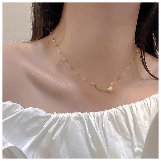【HaNA 梨花】韓國飄逸仙女姿態．鬱金香珠寶項鍊/耳環(韓國 針式耳環 耳飾 耳圈 耳釘 耳扣 耳墜