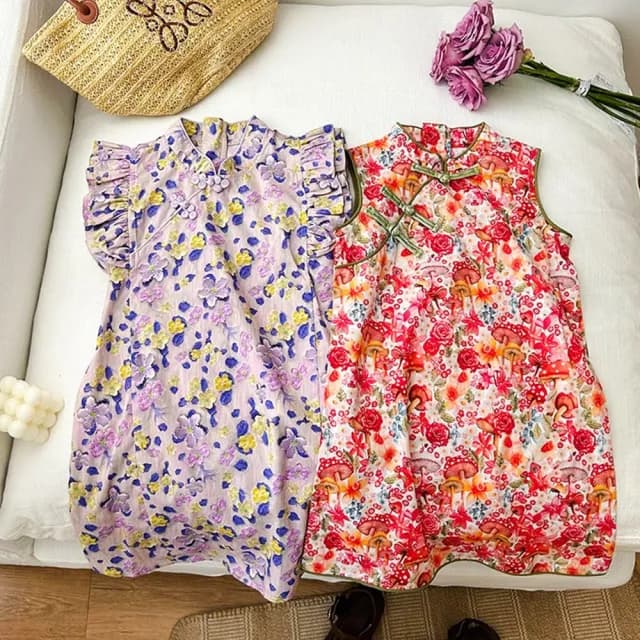 【橘魔法】花花滾邊盤扣小包袖旗袍洋裝 (旗袍 中國風 女童 連身裙 中童 兒童 童裝)
