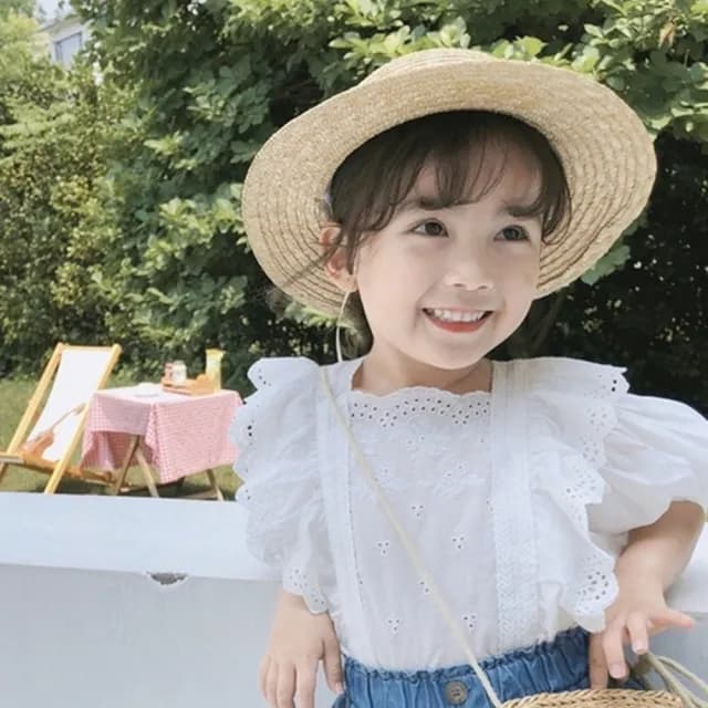 【橘魔法】清新蕾絲荷葉蓬袖娃娃衫 (短袖上衣 上衣 女童 兒童 中童 童裝)