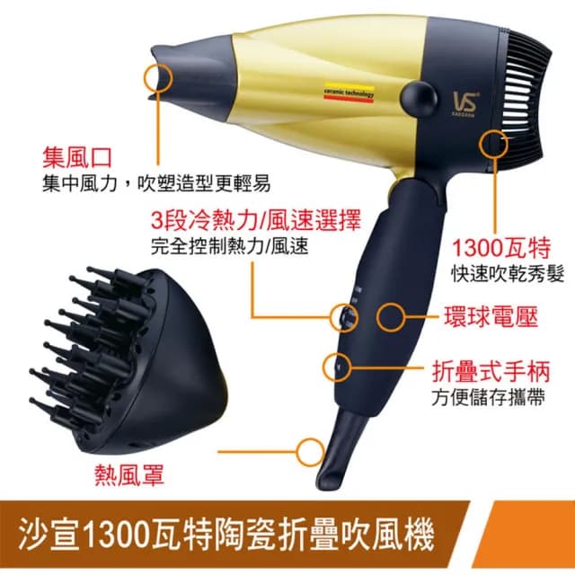 【VS沙宣】1300W陶瓷熱風國際電壓摺疊吹風機 附烘罩(VS157RDRW)