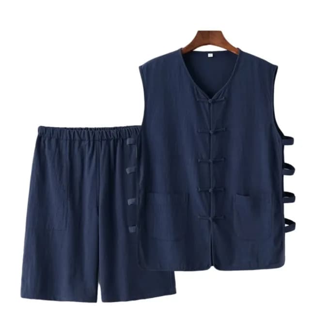 【巴黎精品】父親節禮物 新中式 唐裝漢服套裝兩件套(中國風棉麻背心復古短褲男套裝8色a1bx45)