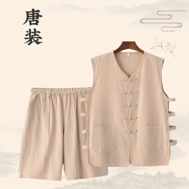 【巴黎精品】父親節禮物 新中式 唐裝漢服套裝兩件套(中國風棉麻背心復古短褲男套裝8色a1bx45)