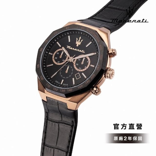 【MASERATI 瑪莎拉蒂 官方直營】Stile 獨我風格系列三眼手錶 霧黑銅 黑色真皮錶帶 45MM R8871642001