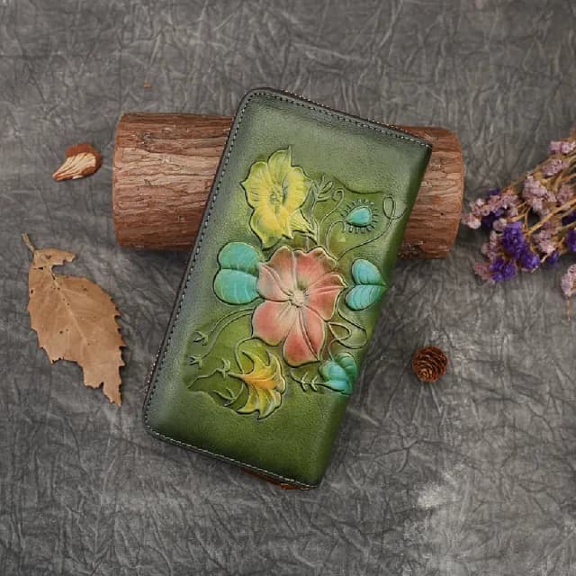【米蘭精品】情人節禮物現貨+預購 真牛皮長夾真皮錢包短夾手拿包女包包(牛皮復古民族風壓花女皮夾3色74ei7)
