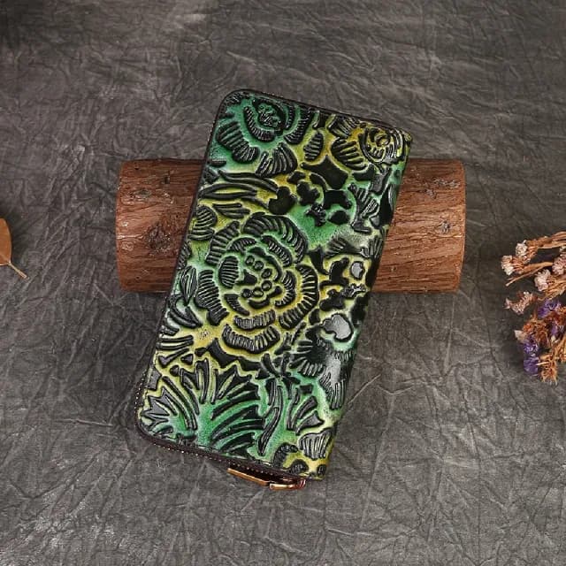 【米蘭精品】情人節禮物 現貨+預購 真牛皮長夾真皮錢包短夾手拿包女包包(植鞣牛皮復古壓花女皮夾2色74ei20)