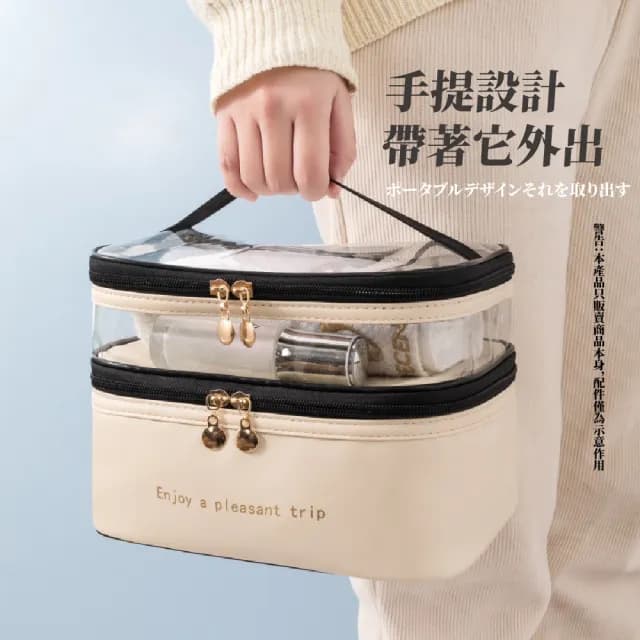 【出國旅行】多功能雙層奢華透明手提化妝包(大容量 盥洗包 收納包 萬用包 洗漱包 保養品 化妝品收納)