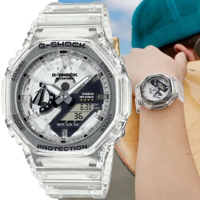 【CASIO 卡西歐】G-SHOCK 40周年Clear Remix 透明錶盤 八角形雙顯錶 七夕 情人節禮物(GA-2140RX-7A)