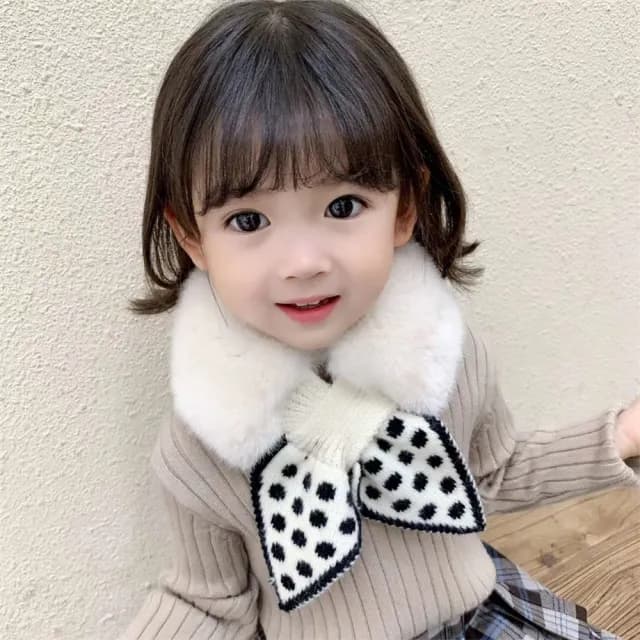 【安朵童舖】現貨韓版兒童毛絨圍巾圓點拼接毛絨圍巾女童毛絨小領圍巾(44)