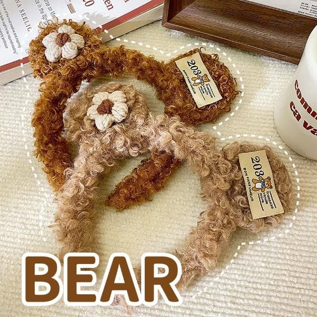 【飾品配件】羊羔毛絨標籤熊髮箍2件組(可愛造型髮飾 頭飾 洗臉 束髮帶 化妝 拍照道具 禮物 遊樂園)