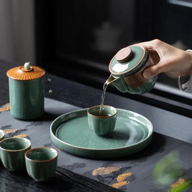 【美味好伙伴】靜心旅行茶具組 哥窯(茶具 茶壺 茶杯 茶倉 茶葉罐 爬山 健走)