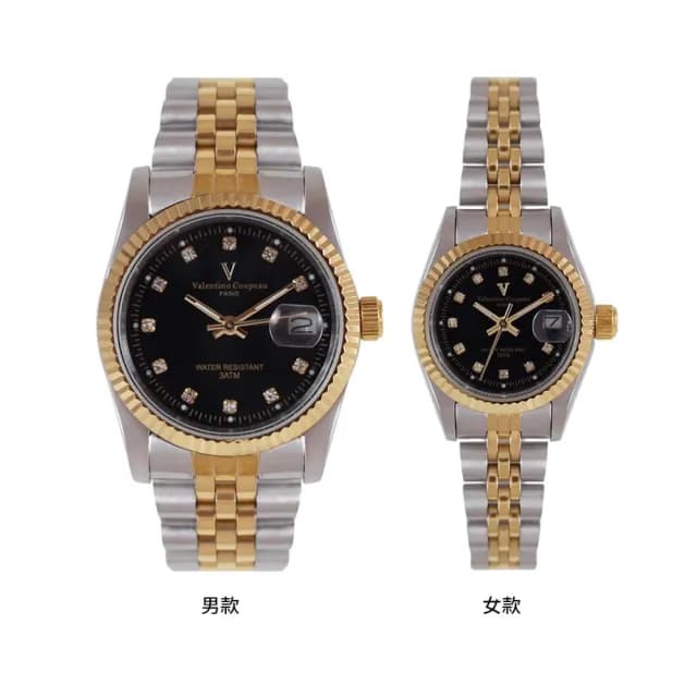 【Valentino Coupeau】蠔式黑面晶鑽金銀不鏽鋼男女手錶(范倫鐵諾 古柏  VCC)