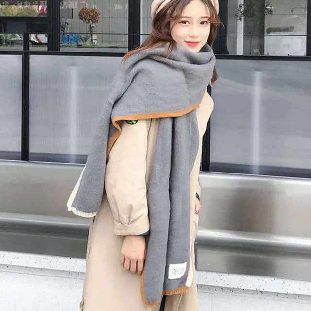 【Decoy】雙色彩框＊學院男女中性保暖圍巾/灰