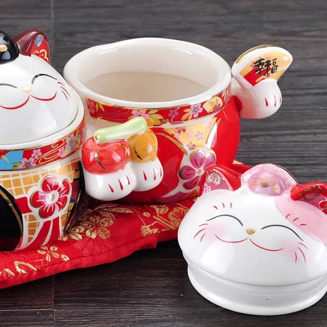 【金石工坊】好事成雙情侶貓(高11CM/聚寶盆/糖果罐/結婚禮物/喬遷/招財貓/招財擺飾/招財貓擺飾)