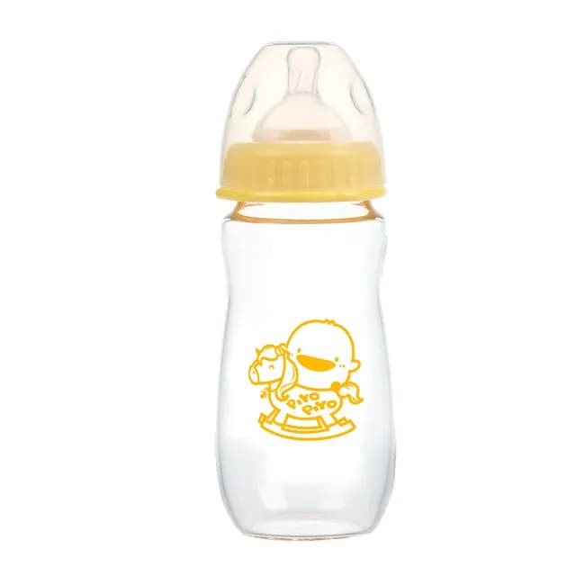 【Piyo Piyo 黃色小鴨】媽咪乳感厚質玻璃寬口奶瓶(280ml 一體成形 人體工學)