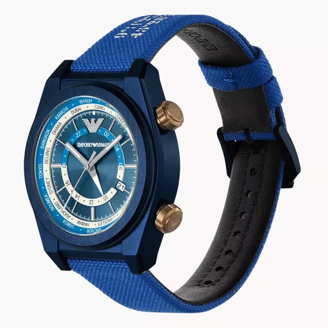【EMPORIO ARMANI】亞曼尼 雙時區蔚藍帆布手錶-43mm 禮物 送禮 推薦(AR11564)