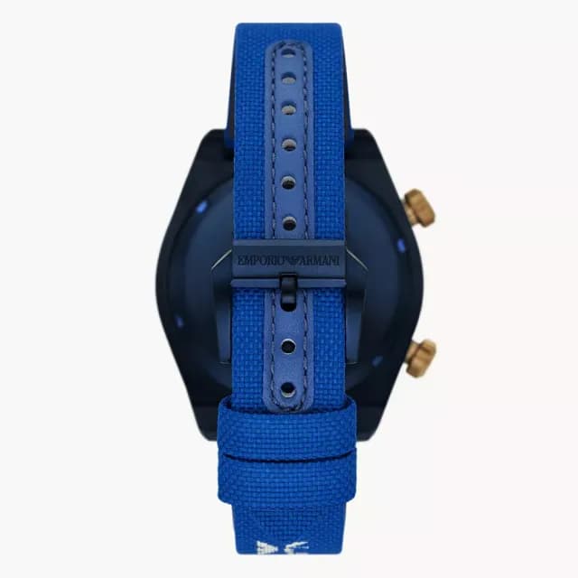 【EMPORIO ARMANI】亞曼尼 雙時區蔚藍帆布手錶-43mm 禮物 送禮 推薦(AR11564)